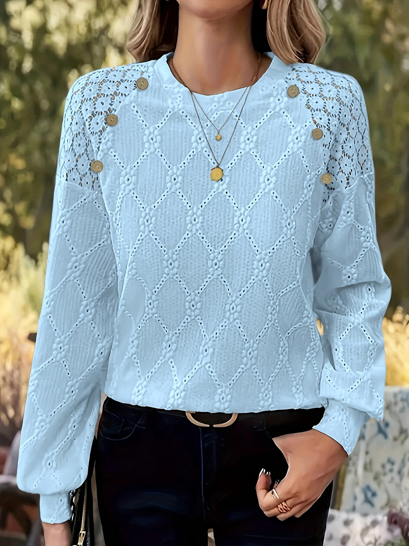 Solid Lace Stitching Eyelet Top, Elegant Lantern Sleeve Crew Neck Top, Women's Clothing