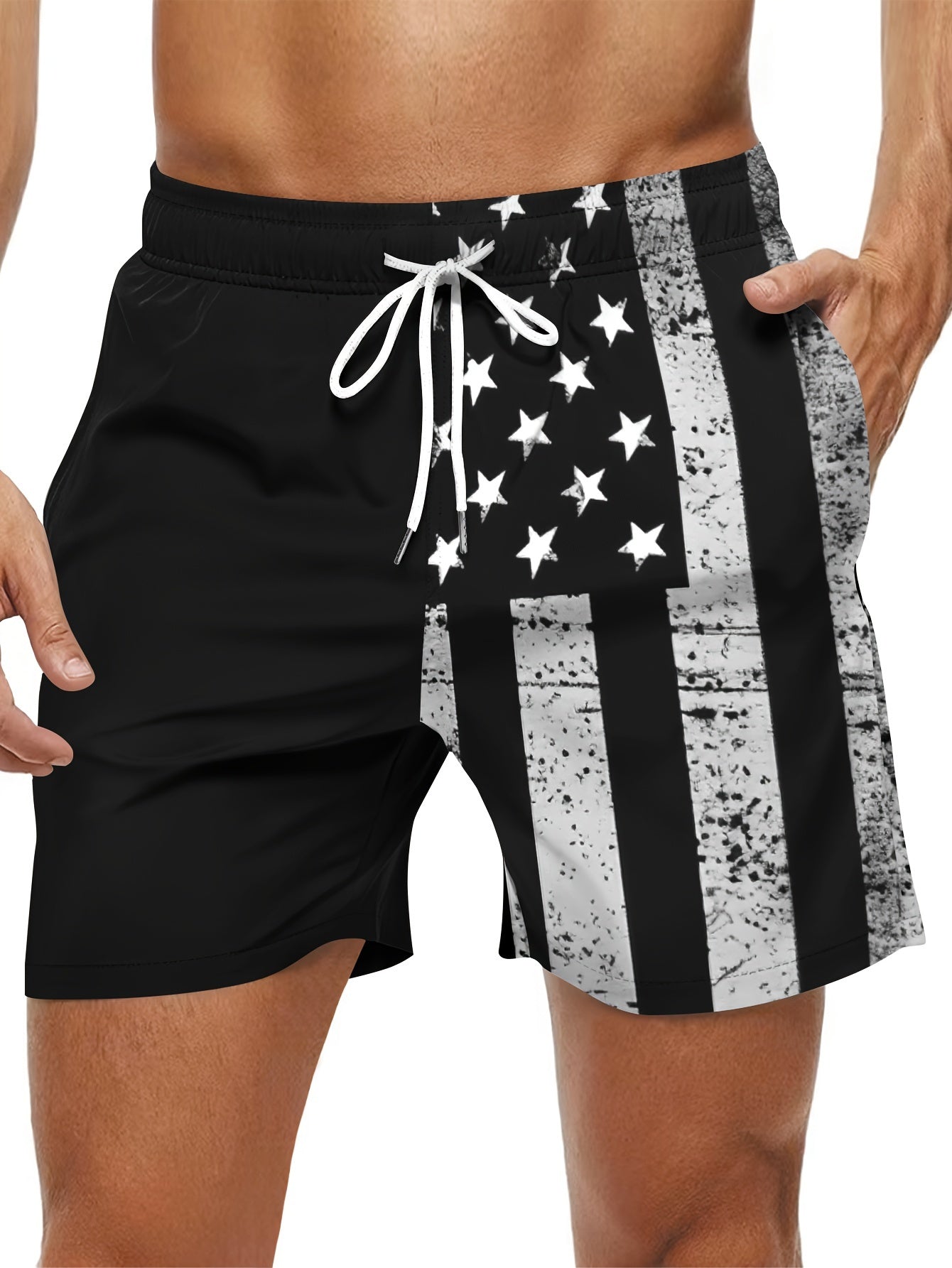 3003 Men's Summer Casual Shorts - American Flag & Eagle Patriotic Print, Black & White Contrast Design, Regular Fit, Machine Washable