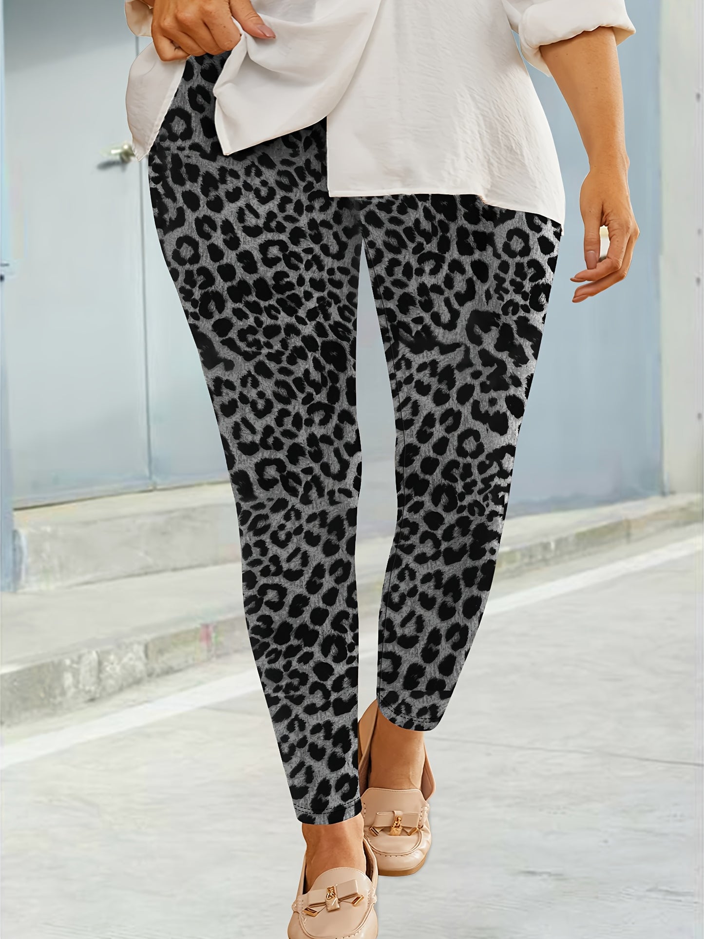Plus Size Casual Pants, Women's Plus Solid Elastic High Rise High Stretch Skinny Trousers