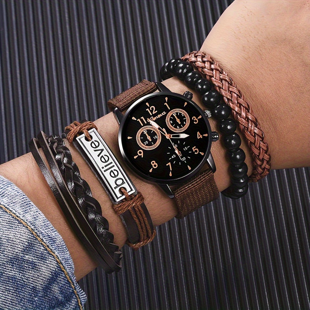 Middle East, Ramadan Men Watch 1pcs Men's Black Nylon Strap Casual Industrial Style Round Dial Calendar Pointer Quartz Watch And 3pcs Bracelets Watch for Men Suitable for Men Party Birthday Wear As Brother The Best Gift for A for Man No Box