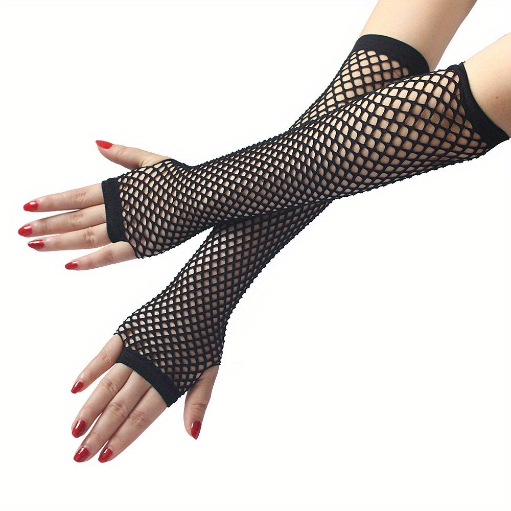 1pair Girl Fingerless Mesh Gloves Black Fishnet Lace Gloves For Women Cosplay Dance, Halloween