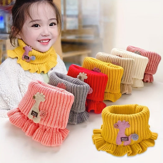 Youngsters' Winter Knitted Bibs - Windproof Warm Ruffled Collar with Cute Cartoon Animal Applique, Soft Multicolor Options for Boys & Girls, Hand Wash/Dry Clean, Mealtime Apparel