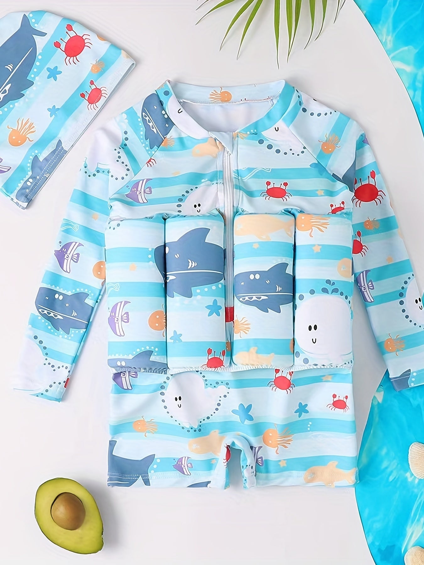 Lwersimmg Kids' Cartoon One-Piece Swimsuit with Detachable Buoyancy - Sky Blue Marine Animal Design, Stretchy Polyester Fabric, Zipper Closure, Hand Wash Only, Perfect for Swimming and Snorkeling