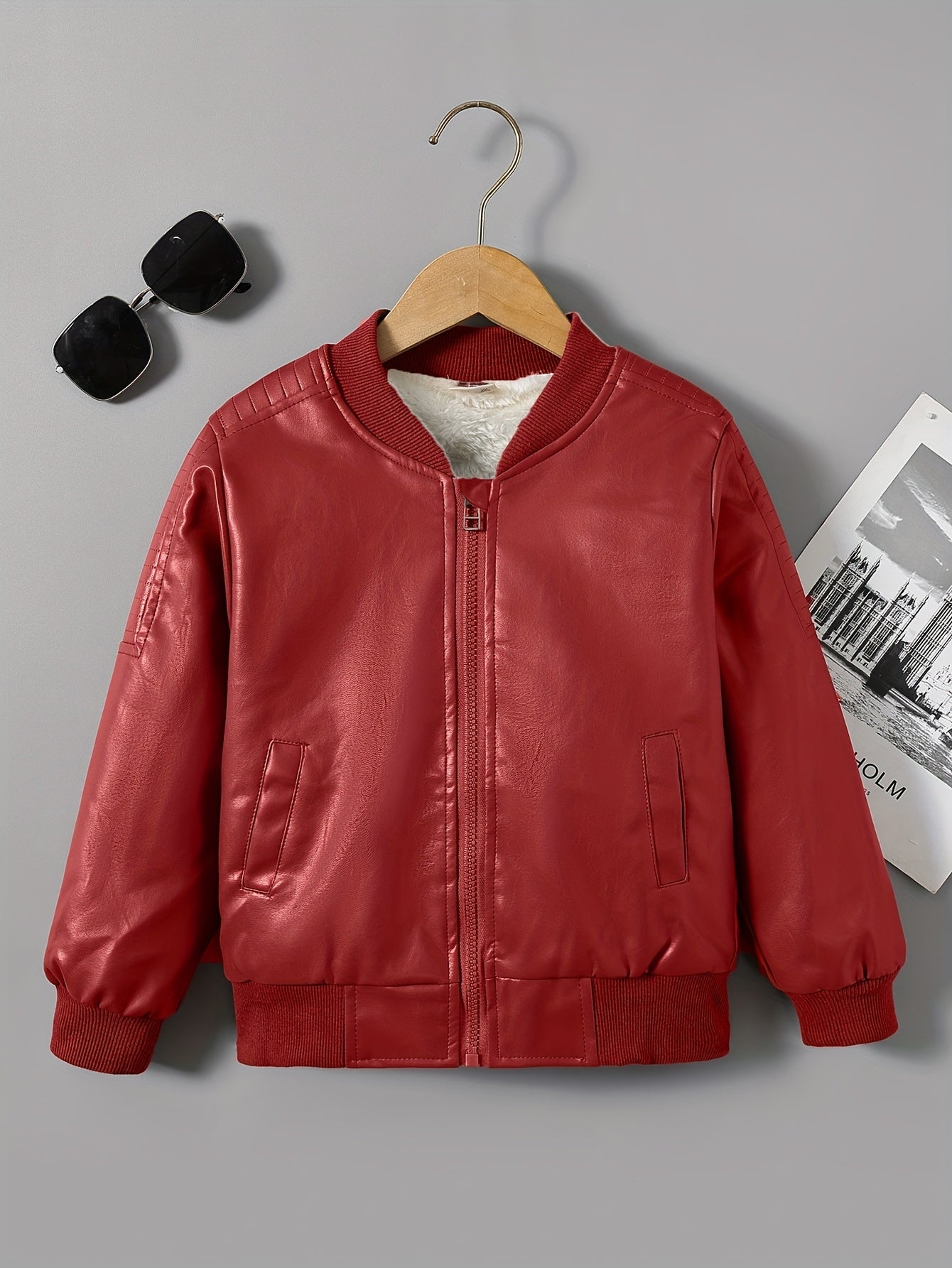 Boys' Cozy Fleece-Lined Zip-Up Jacket - Casual Stand Collar, Long Sleeve Outerwear for Fall/Winter