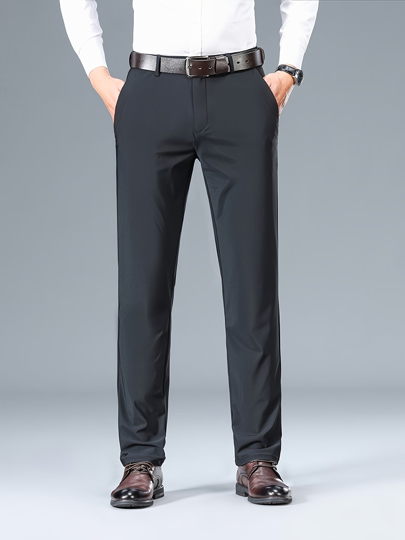 2025 New Men'S High-Elasticity Ice Sliky Fiber Fabric Dress Pants - Smooth Touch, Breathable & Stretchy, Mid-Rise Regular Fit with Button Details for Office & Casual Wear, All-Season Comfort, Office Attire, Sleek Appearance, Durable Material