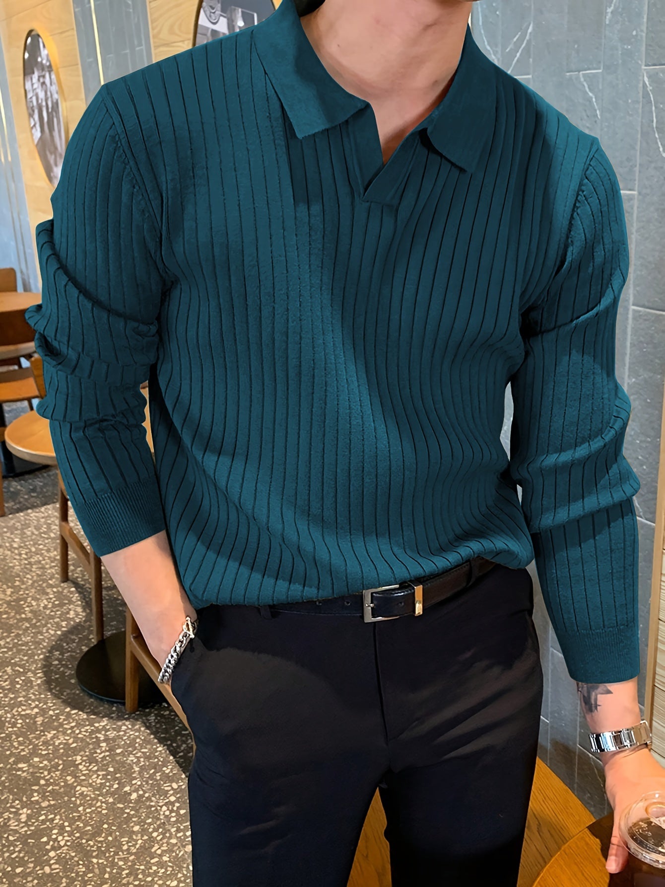 Men's Casual Solid Color Collar Knit Shirt - Stretch V-Neck Long Sleeve Pullover Sweater for Autumn Winter, Regular Fit, Fall Sweaters, Medium Elasticity, Seasonal Fashion, Stylish Knitwear, Breathable Material, Casual Attire
