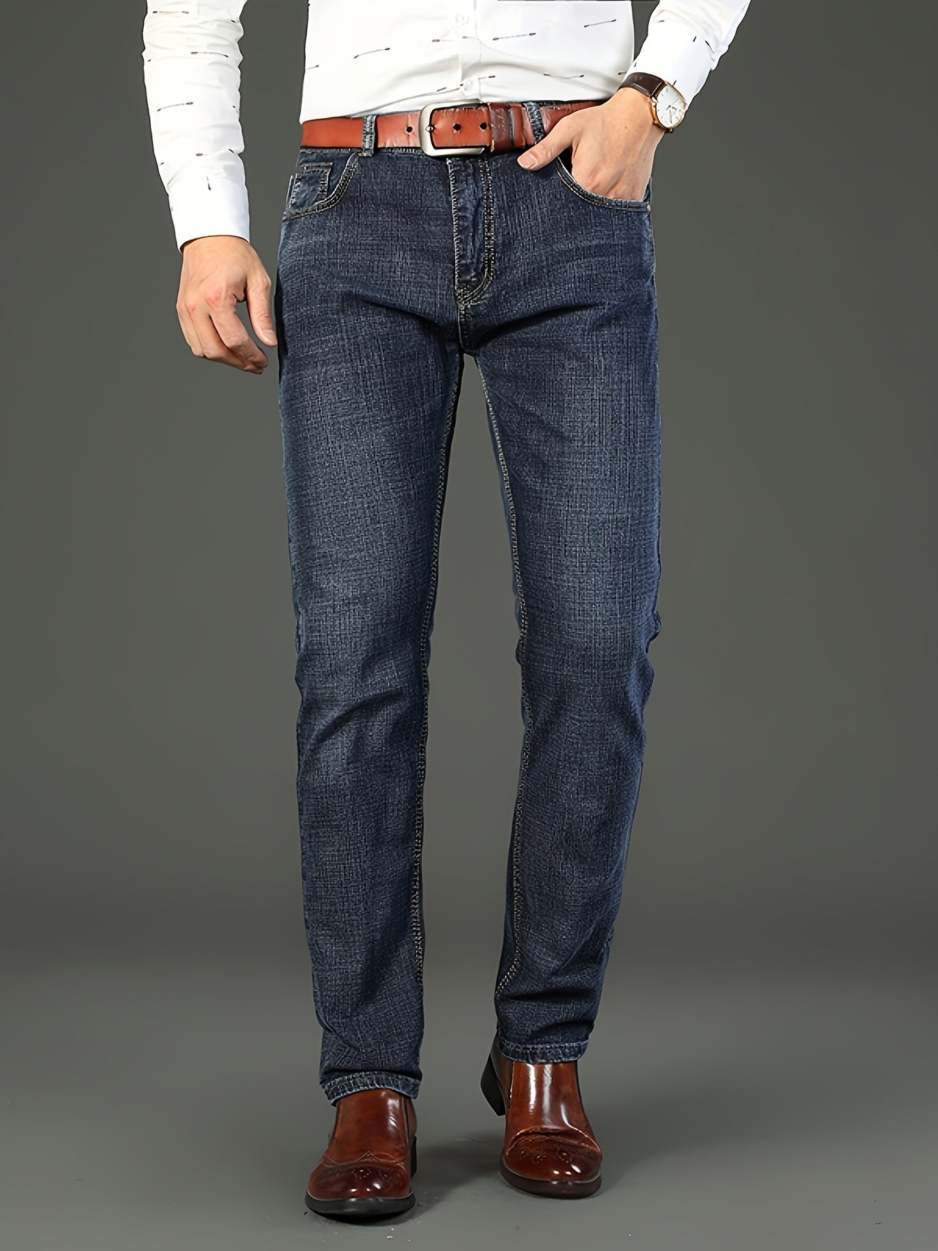Men'S High-Waist Straight-Leg Jeans - Lightweight, Stretch Denim, Button Closure, Regular Fit, Solid Color, Versatile for Business & Casual Wear, Business Casual Pants | Modern Straightleg Pants | Comfortable Wear