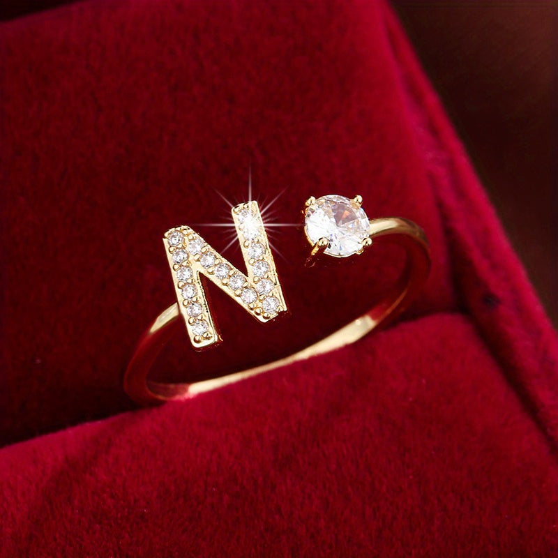 Fashionable 26 English Letters Four-Prong Synthetic Synthetic Zirconia Open Adjustment Ring