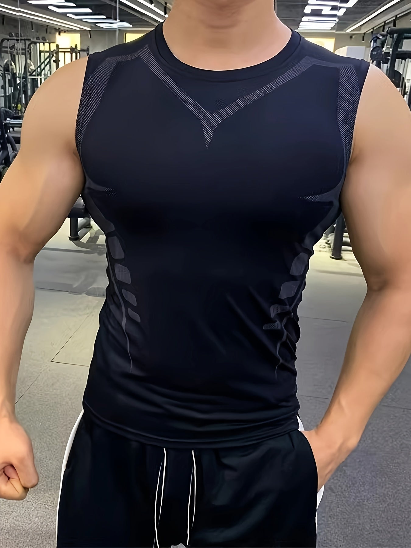 Men's Geometric Print Compression Tank Top, High Stretch And Skinny Fit Sports Vest, Moisture Wicking And Quick Dry Active Top For Training, Basketball And Fitness Wear