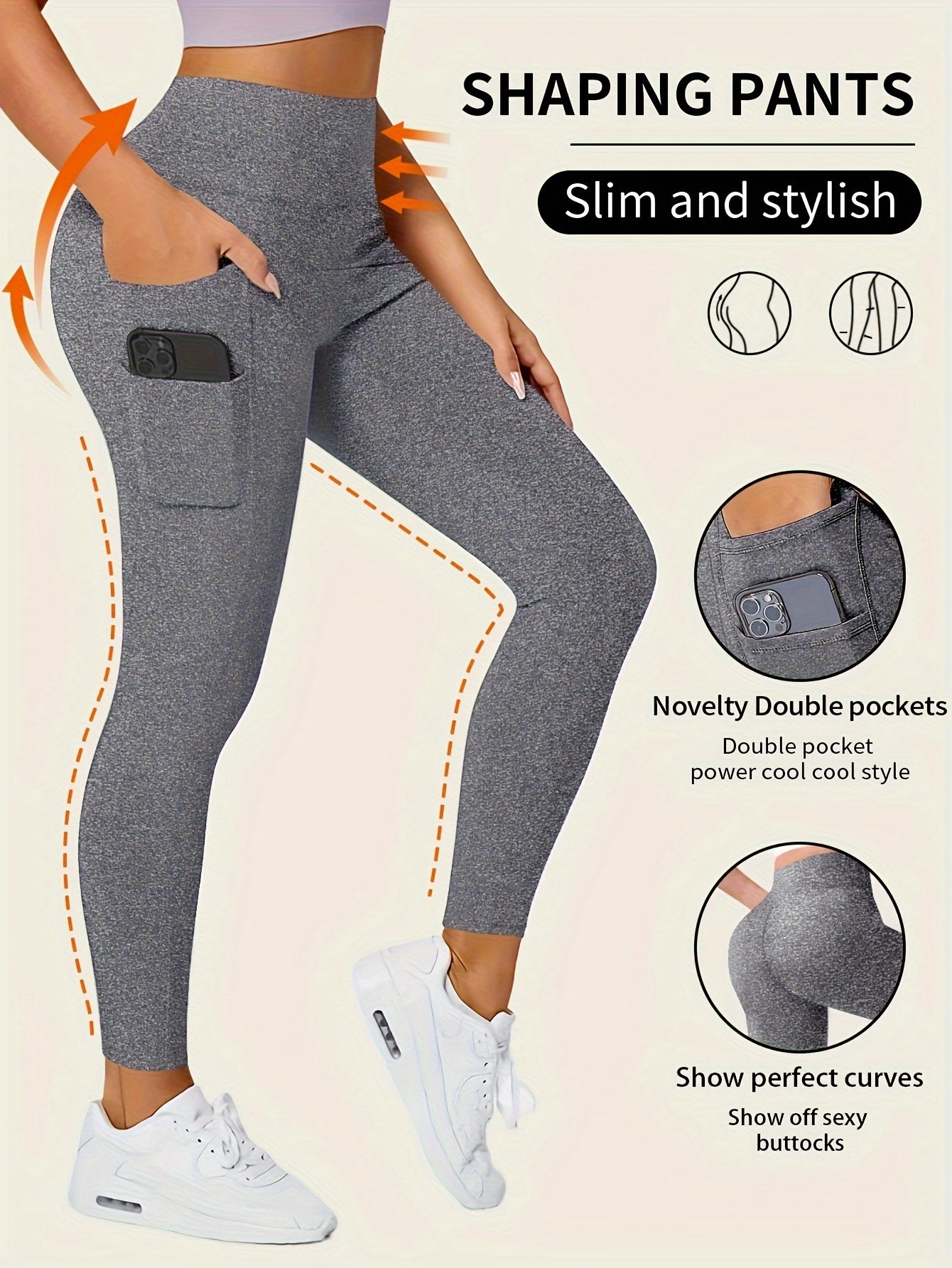 Women'S High-Waisted Shaping Leggings with Double Pockets - Butt-Lifting Design, Maroon Solid Color, Comfortable Stretch Fabric for, & Casual Wear, Leggings, Apparel, Sleek Look, Durable