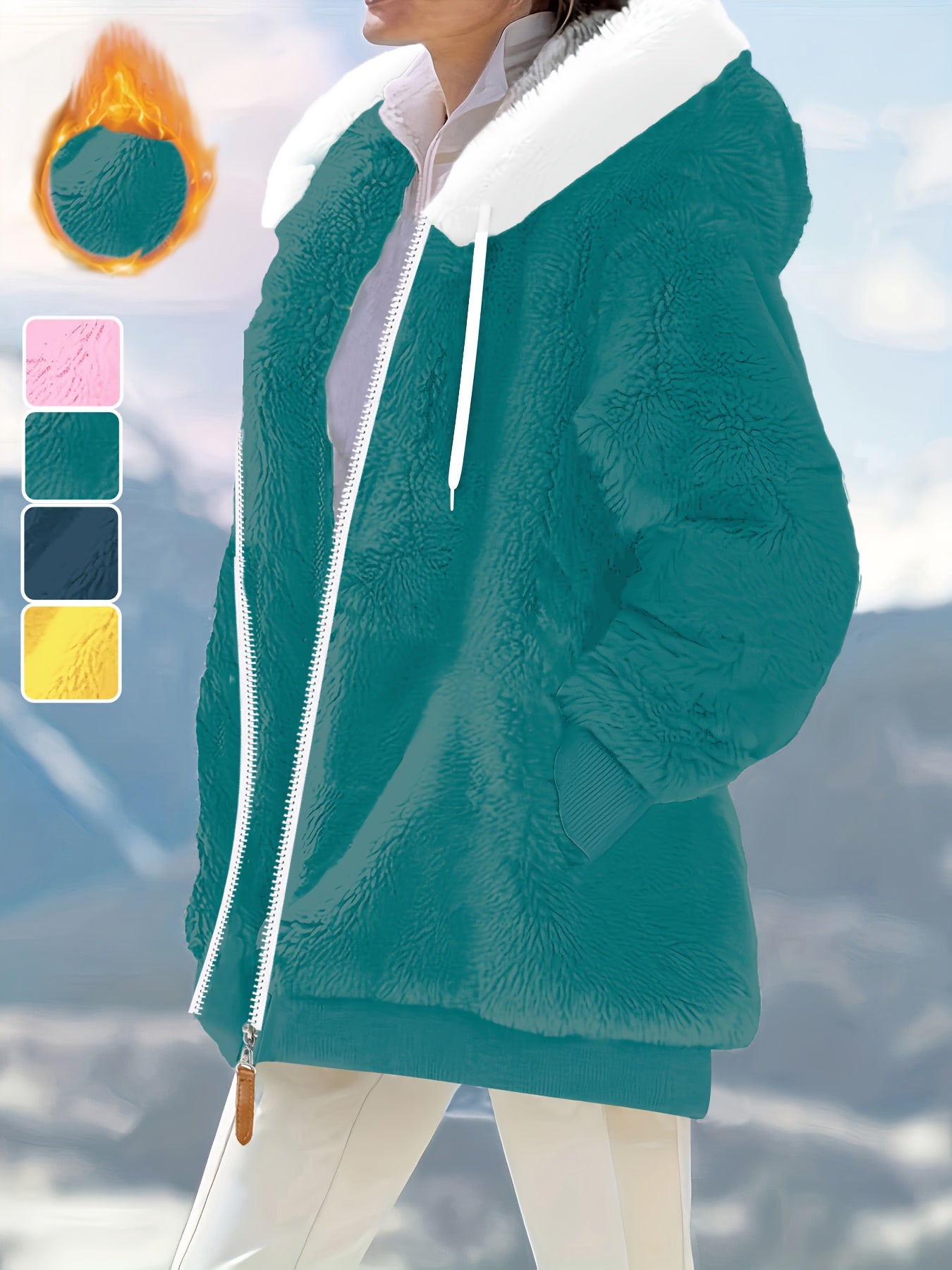 Plus Size - Women'S Cozy Fleece-Lined Hooded Jacket - Oversized Zip-Up with Drawstring, White, All-Season Comfort, Casual Style, Casual Winter Wear | Oversized Hooded Jacket | Zippered Hoodie, Winter Hoodie