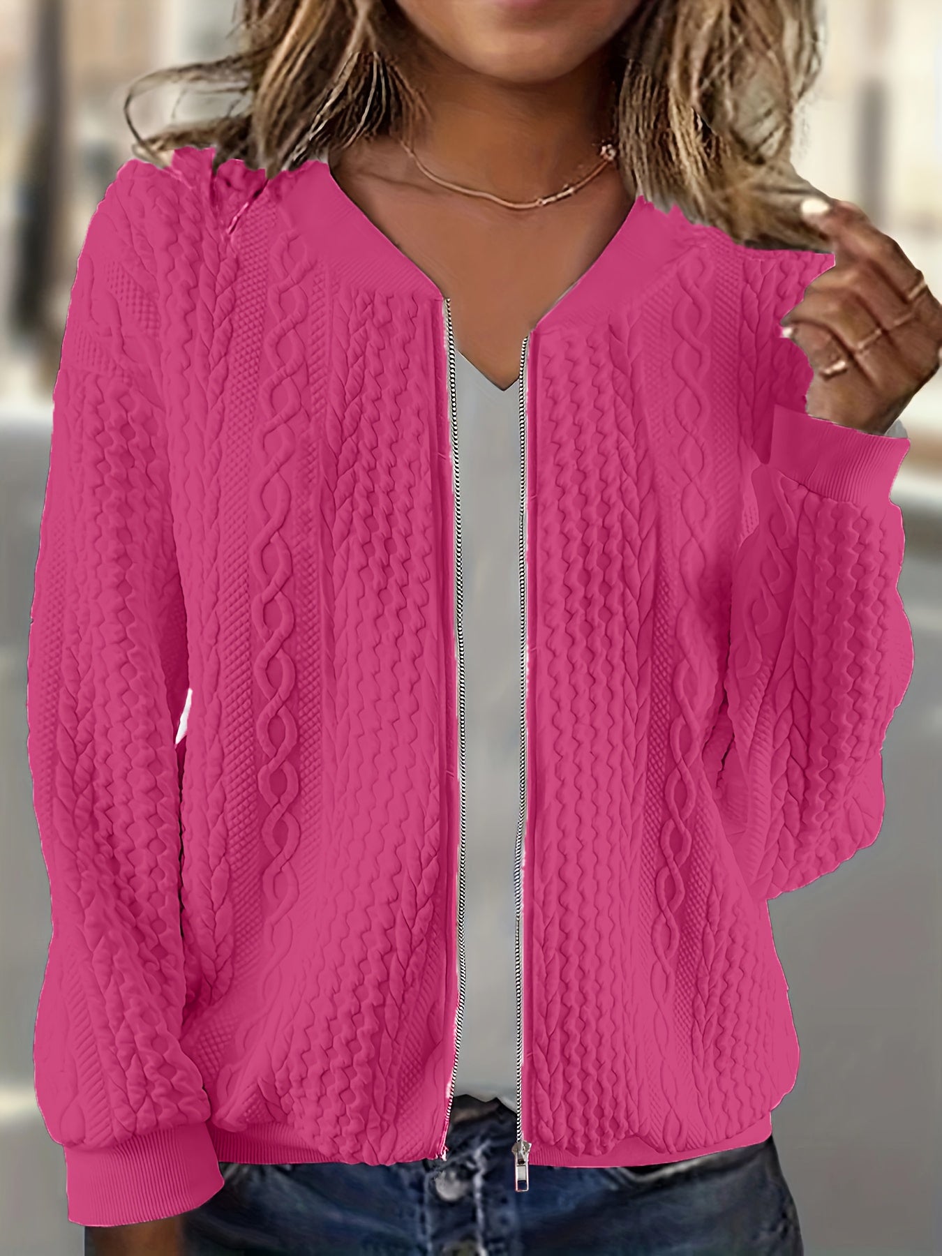 Plus Size - Women'S Plus Size Baseball Jacket - Full-Zip Front Closure, Soft Pink Outerwear for Fall/Winter, Casual Outerwear for Everyday & Formal Events, Fall Fashion, Relaxed Fit, Quality Stitching, Fashion Lovers