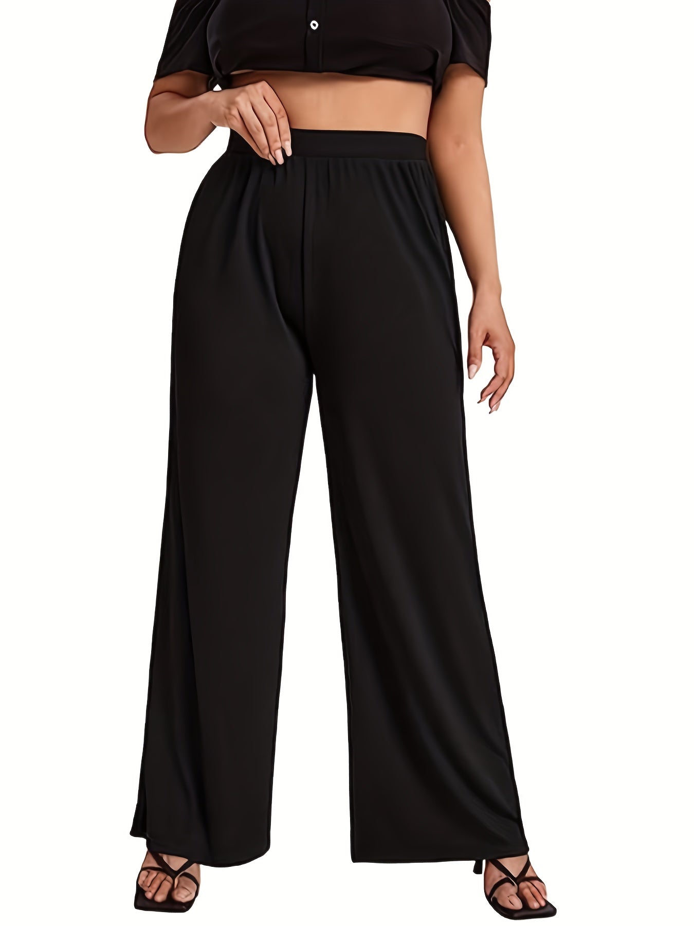 Women'S Plus Size Fashion Elegant Wide Leg Pants, Solid Color, High Stretch Knit Fabric, Straight Leg, 100% Polyester, 180g/m², for Spring/Summer