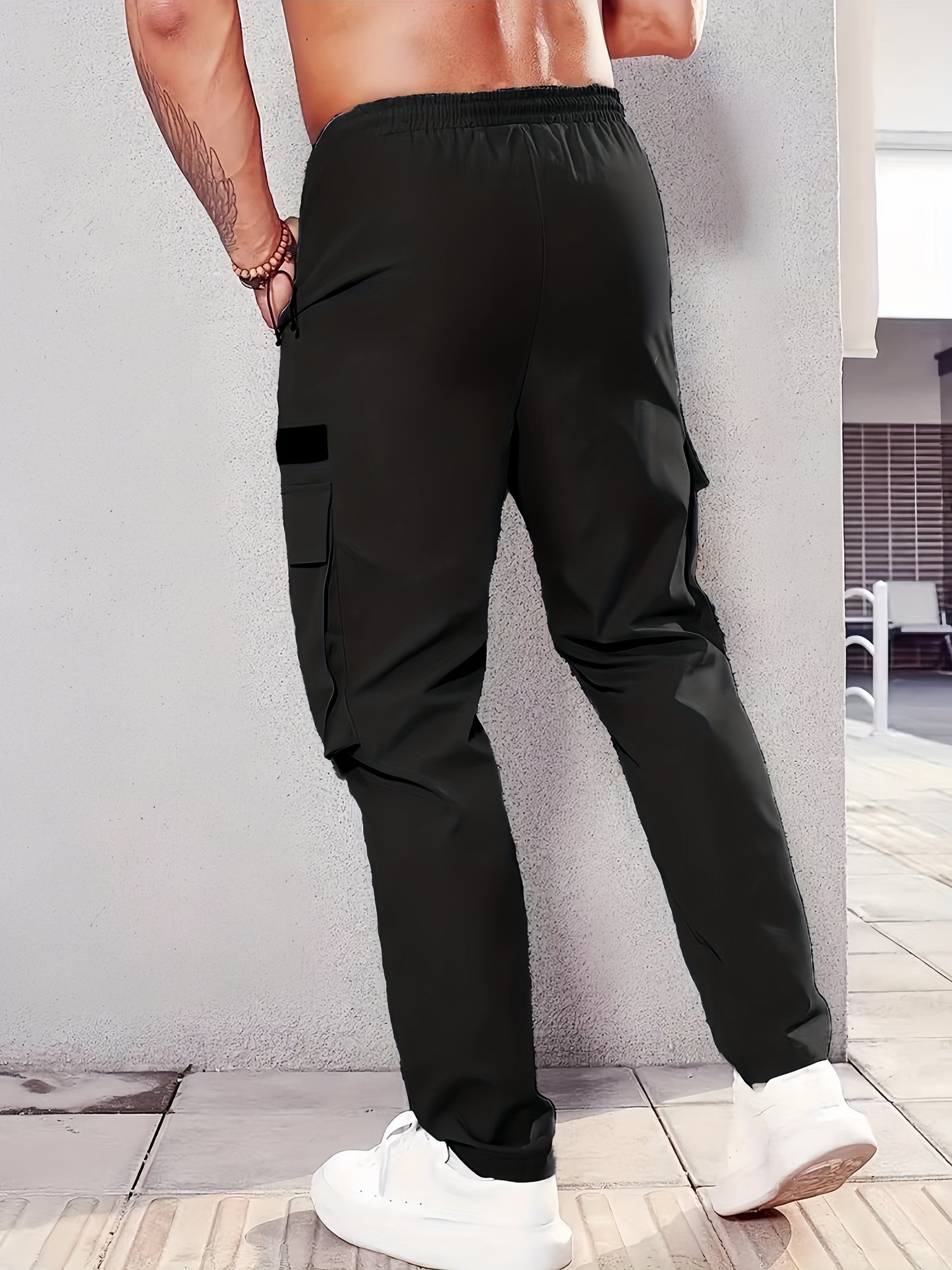1pc Men'S Casual Cargo Pants, 100% Polyester Solid Color, Elastic Waist, Non-Stretch, Multi-Pocket Design, Regular Length, Woven, Loose Fit for Spring/Fall - Fashionable Utility Trousers