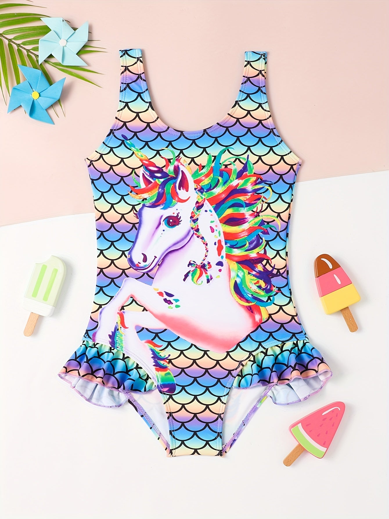 Trendy Unicorn Graphic Ruffle Trim 1-piece Swimsuit Kids Clothes For Summer Gift