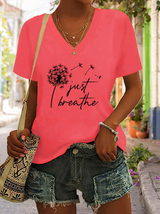 Dandelion Print T-Shirt, V Neck Short Sleeve Summer Casual Top, Women's Clothing