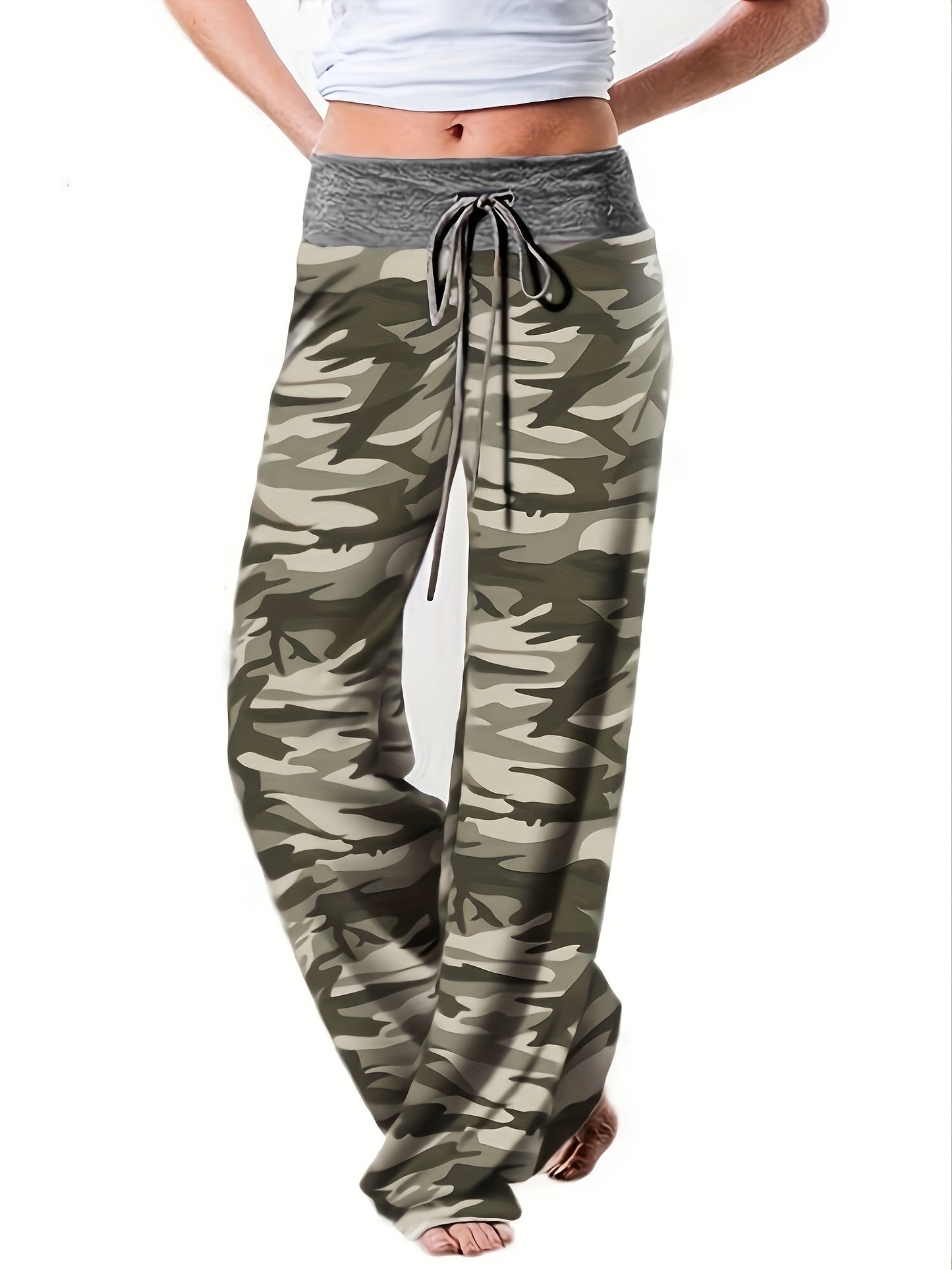 Plus Size - Women'S Plus Size Floral Print Wide Leg Pants with Drawstring Waist - Stretchy & Comfortable Casual Lounge Pajama Pants for Spring/Summer/Fall, Relaxed Fit Pants | Wide Leg Pants | Drawstring Detail