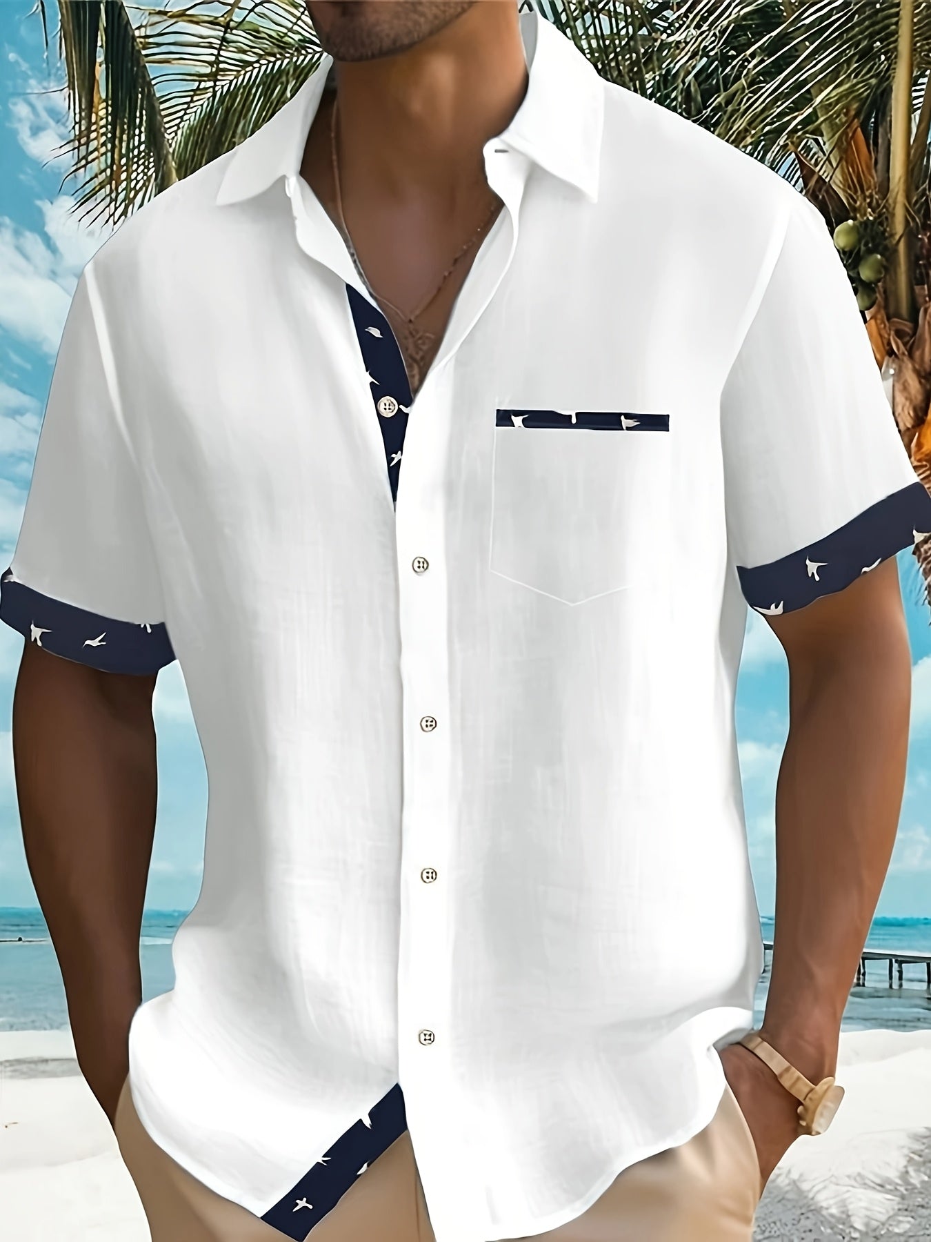 Men's Lightweight Formal Shirt - Classic notched Lapel, Single-Breasted Button Front, Structured Non-Stretch Fabric for Business, Office, Wedding - Elegant White Shirt for Formal Events & Casual Attire, Office Attire, Stylish Contrast Trim, Premium Stitch