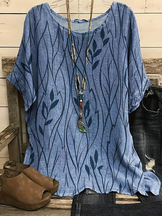 Plus Size Elegant T-shirt, Women's Plus Casual Floral Print Round Neck Half Sleeve Tee