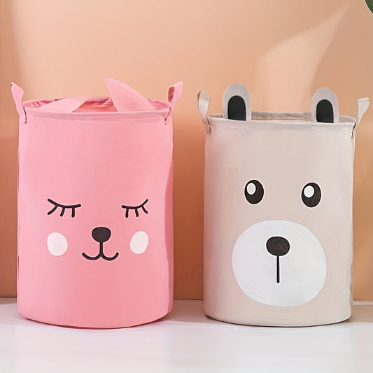 1pc Cartoon Pattern Hamper With Handle, Linen Fabric With Ears Shape Storage Bucket For Clothes And Children's Toy Organization And Storage, Laundry Basket For Bathroom, Bedroom, Living Room, Laundry Room