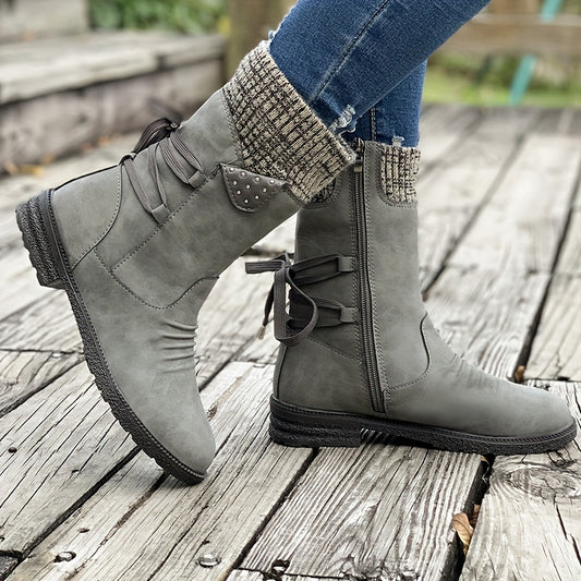 Vintage Classic Elegant 's Mid-Calf Boots. Elastic Collar Design, Lace-Up Adjustable for Plus Size s. Multiple Colors Available: Grey, Black, Khaki, Blue, Purple Womens Shoes.Cute Round Toe Slip On Autumn Ankle Boots, Lovely Gift to Ladies, Lightweight an
