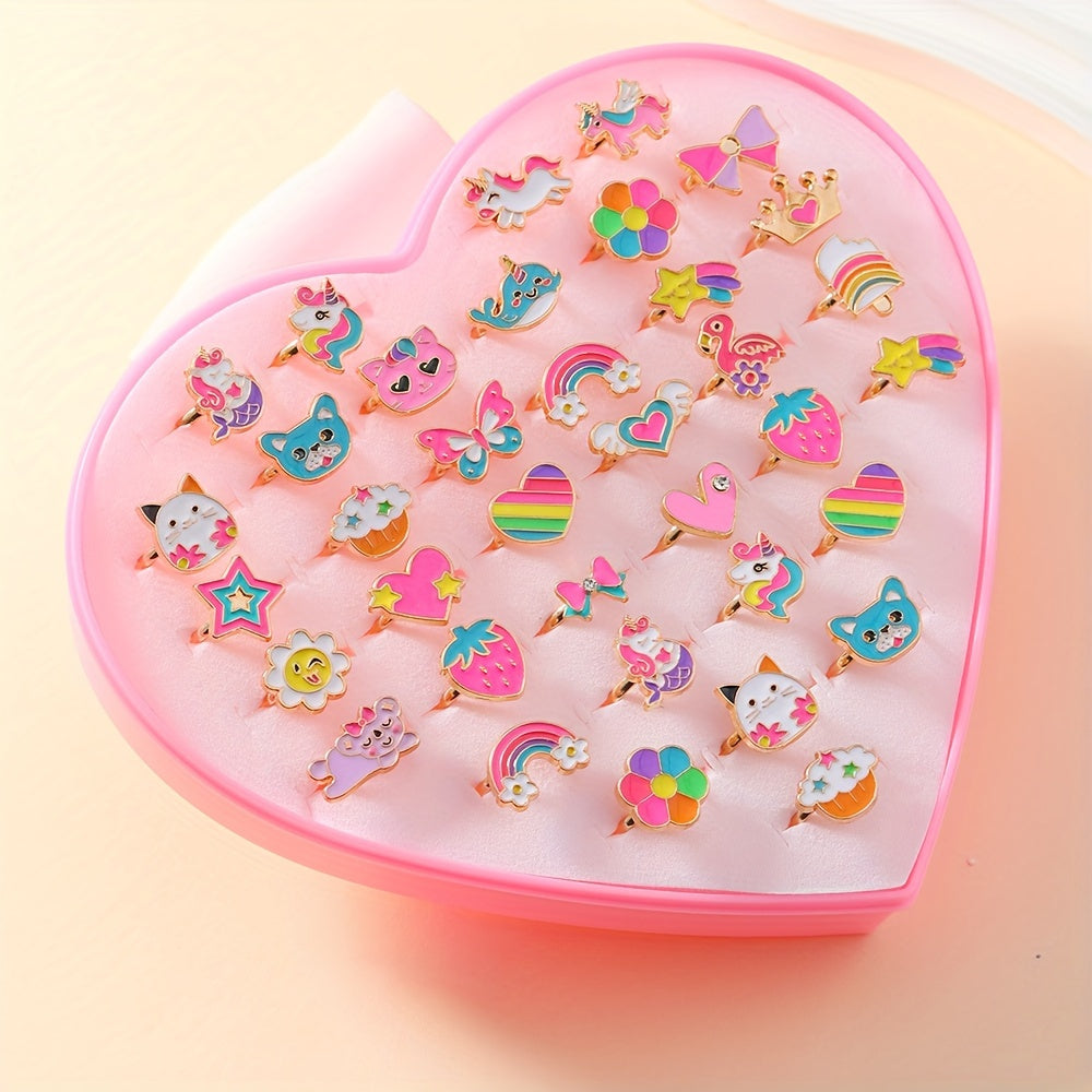 A Set Of 36 Girls' Golden Drop Oil Children's Fun Animal Rainbow Crowns Adjustable Rings