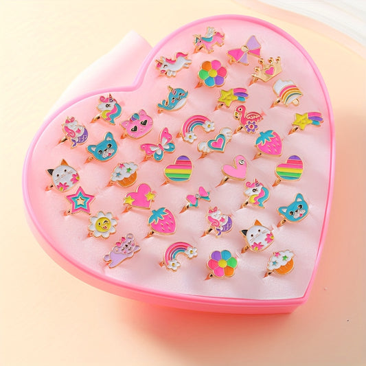 A Set Of 36 Girls' Golden Drop Oil Children's Fun Animal Rainbow Crowns Adjustable Rings