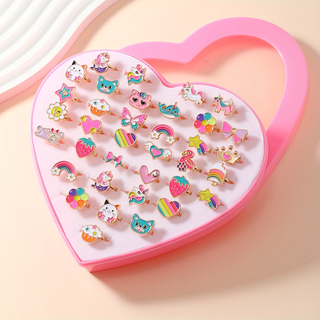 A Set Of 36 Girls' Golden Drop Oil Children's Fun Animal Rainbow Crowns Adjustable Rings