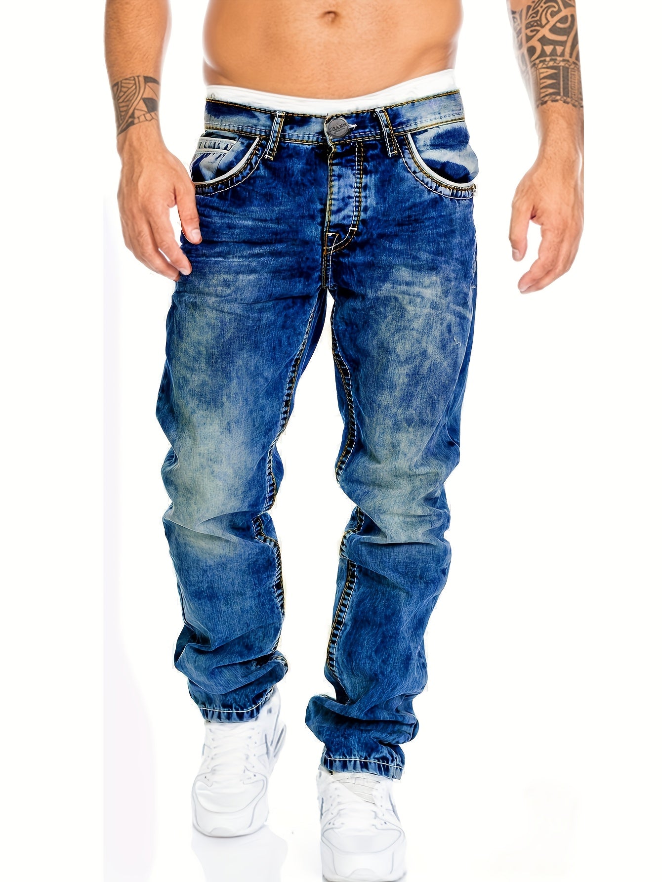 Men's Slim-Fit Straight-Leg Jeans - Classic Blue Denim Pants, All-Season Everyday & Formal Wear, Easy-Care Hand Washable Jeans for Men, Casual Streetwear