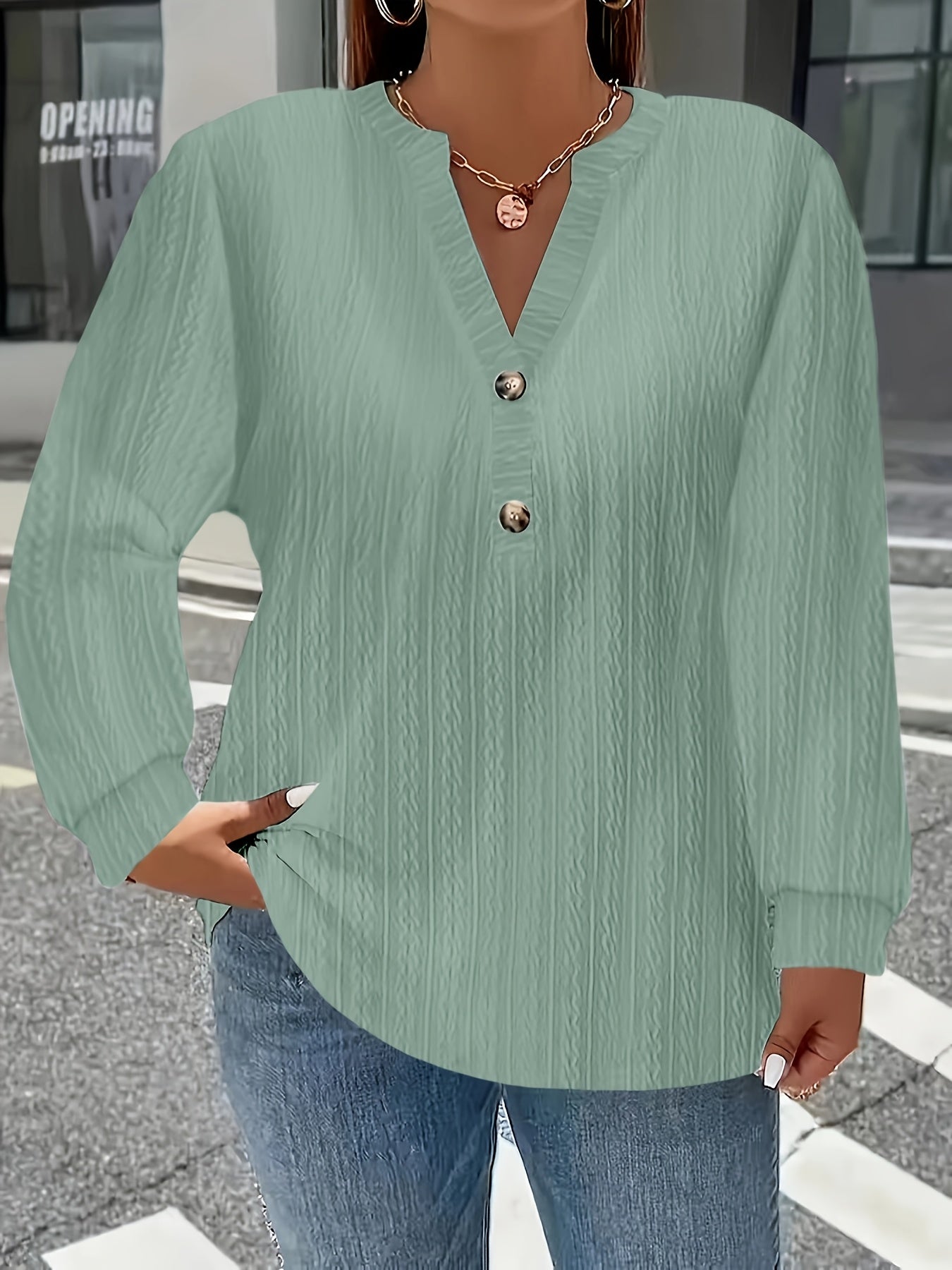 European And American Cross-Border Long-Sleeve Solid Color V-Neck Button T-Shirt Top