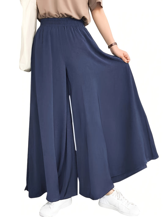 Women's Plus Size High-Waisted Wide-Leg Pants - Elastic Waist Relaxed Fit Navy Blue Casual Trousers for Beach & Casual Attire, All-Season Comfort, Elegance Collection, Beach Pants