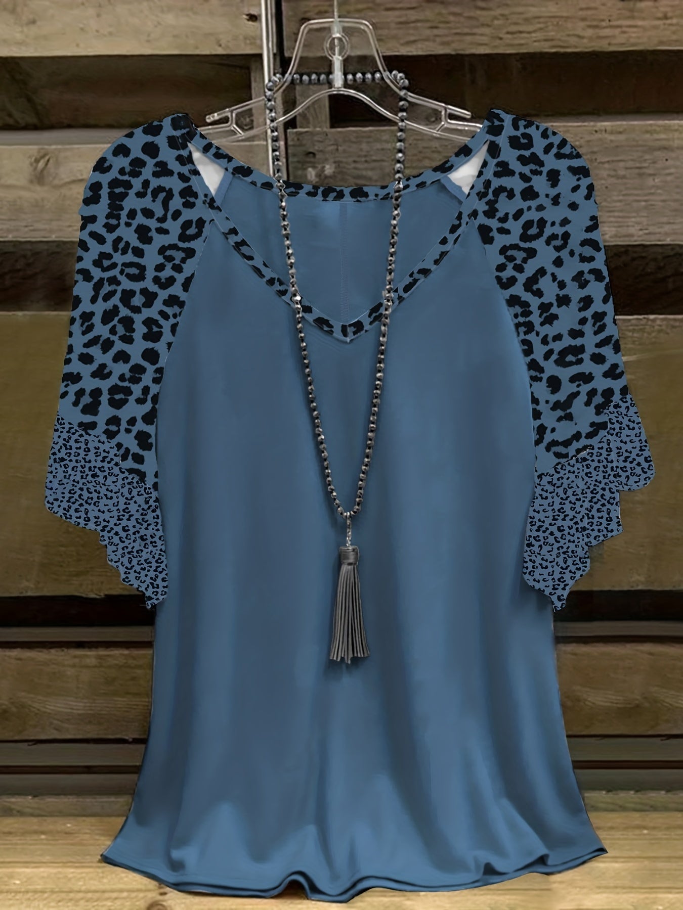 Plus Size, Plus Size Leopard Print Flounce Hem Women's Short Sleeve Spliced T-Shirt