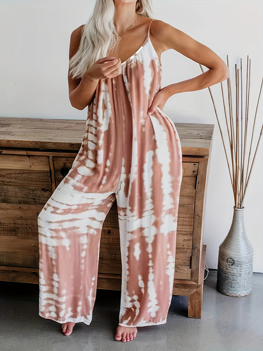 Women's Casual Tie-Dye Cami Jumpsuit - Sexy Wide Leg, Sleeveless, Vibrant Orange and Brown Print, Perfect for Spring/Summer/Fall