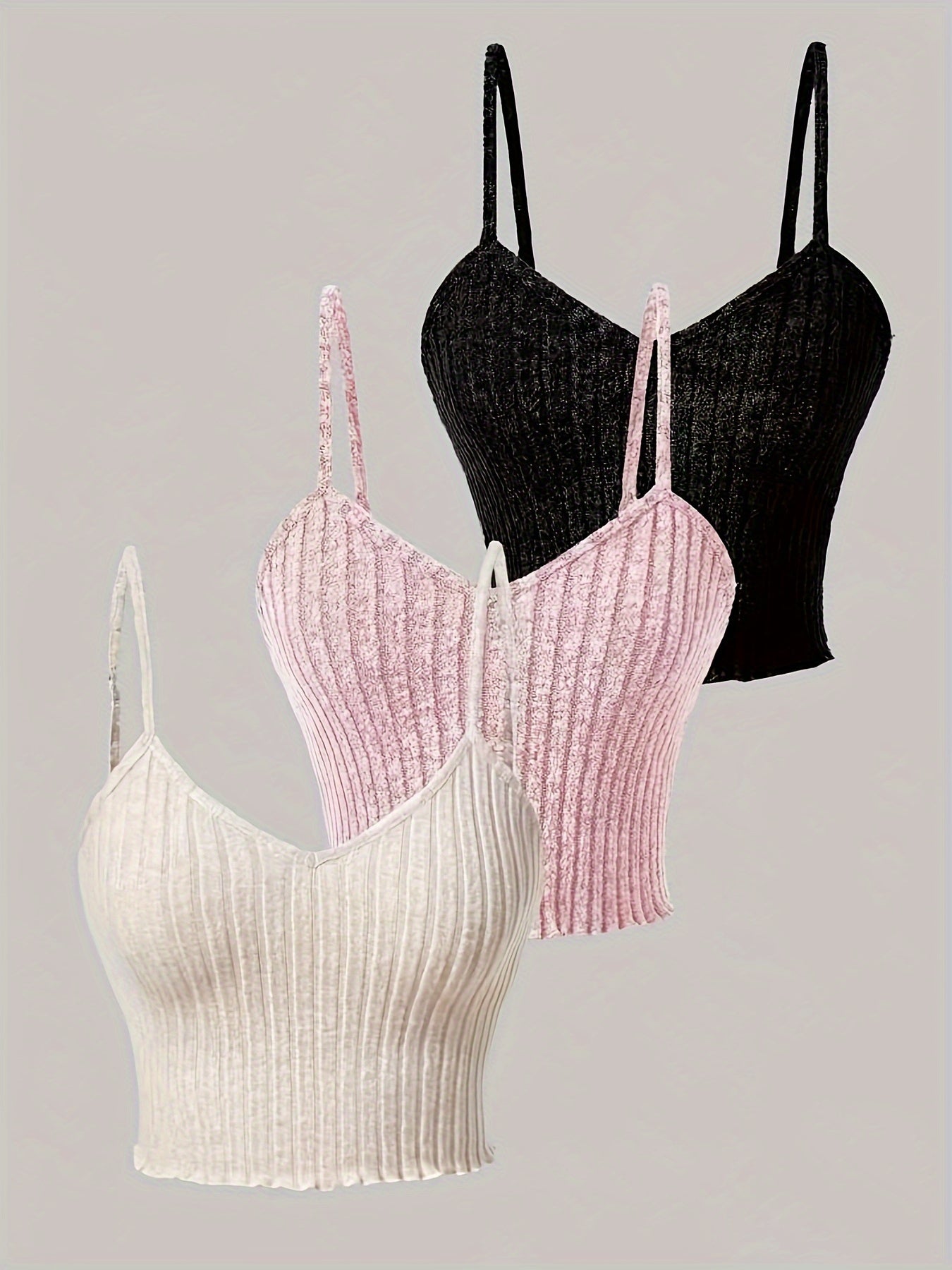 3pcs Ribbed Spaghetti Strap Tank Top, Casual Sleeveless Tank Top For Summer, Women's Clothing