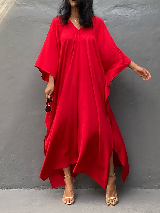 Elegant Plus Size Solid Color Kaftan Dress - Batwing Sleeve, Loose Fit Maxi Robe for Women | Rayon Blend, Non-Stretch Fabric | Perfect for Spring/Summer/Fall