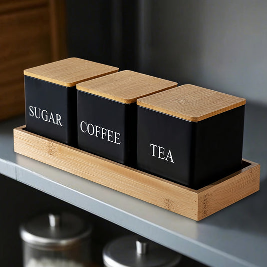 Set of 3 Black And White Storage Containers, Metal Canisters for Storing Coffee Beans, Sugar, And Tea, Everyday Organization, Kitchen Storage.