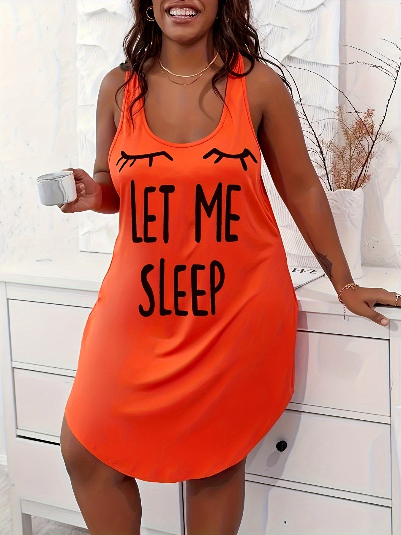 Women's Plus Casual Sleep Dress, Plus Size Eyelash & Letter Print Racer Back Tank Nightdress