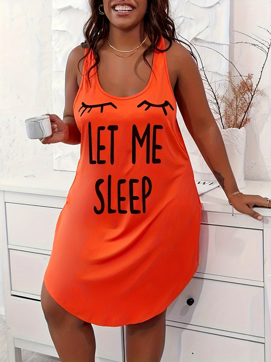 Women's Plus Casual Sleep Dress, Plus Size Eyelash & Letter Print Racer Back Tank Nightdress