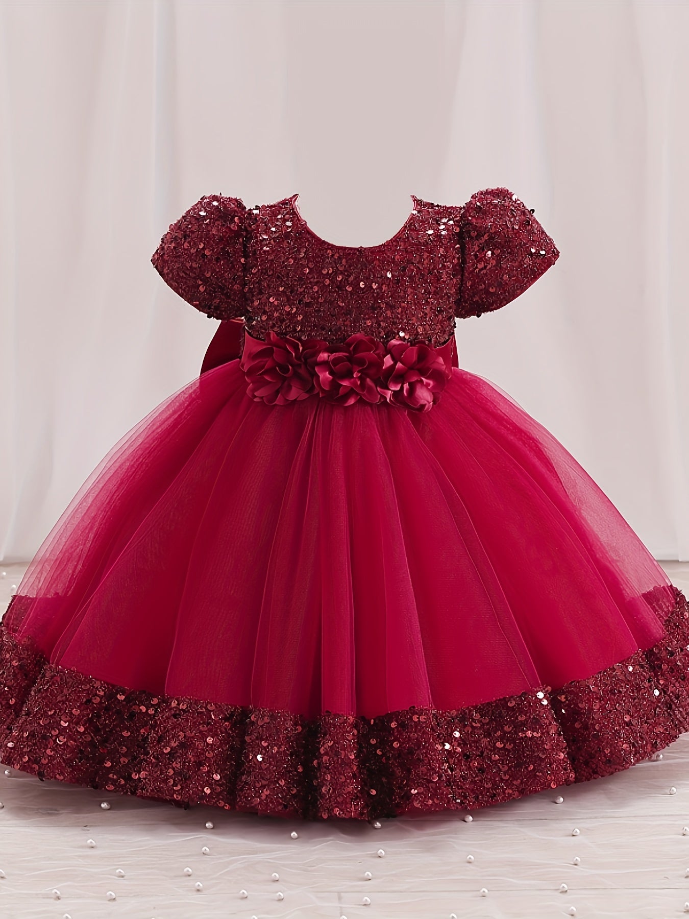 Gorgeous Sequin Flower Decor Puff Short Sleeve Tutu Dress Princess Dress Girls Kids Clothes Party Christmas