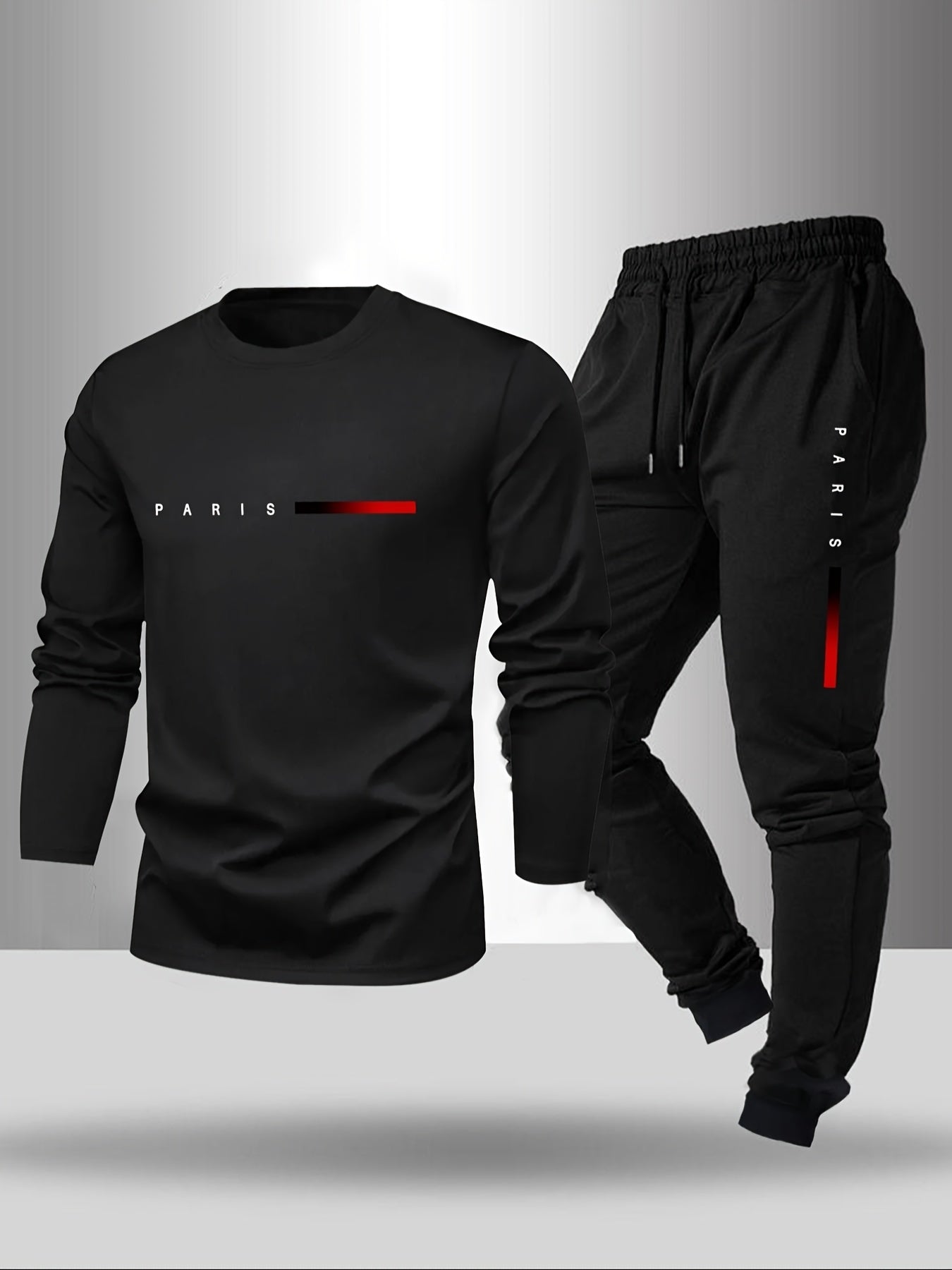 Men's Long Sleeve T-Shirt and Pants Set, Spring/Autumn 2pcs Paris Letter Print Crew Neck Long Sleeve Tee + Drawstring Outdoor Casual Sport Pants Set