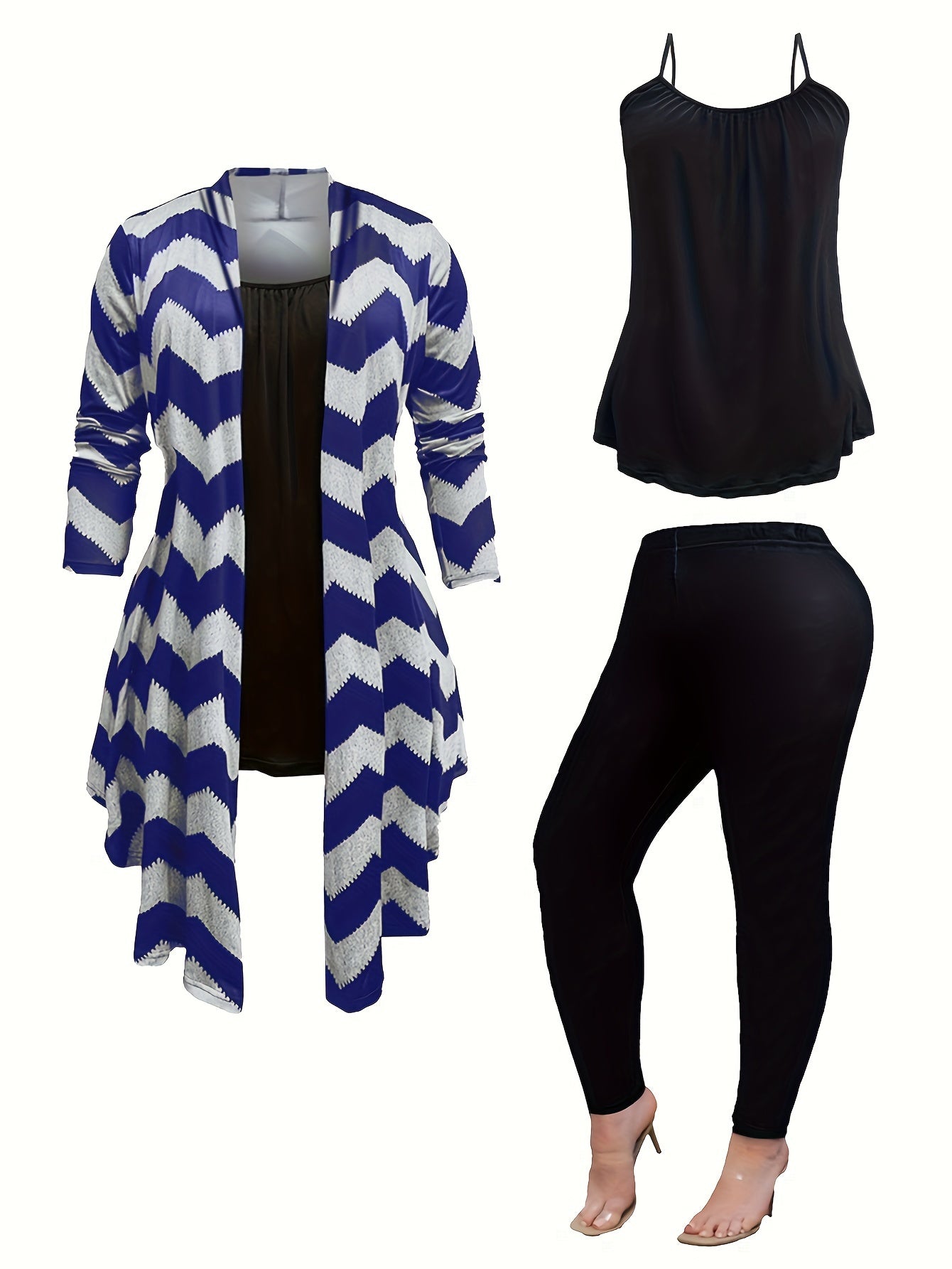 Plus Size Casual Outfits Set, Women's Plus Wave Trim Long Sleeve Shawl Collar Coat & Cami Top & Leggings Outfits Three Piece Set