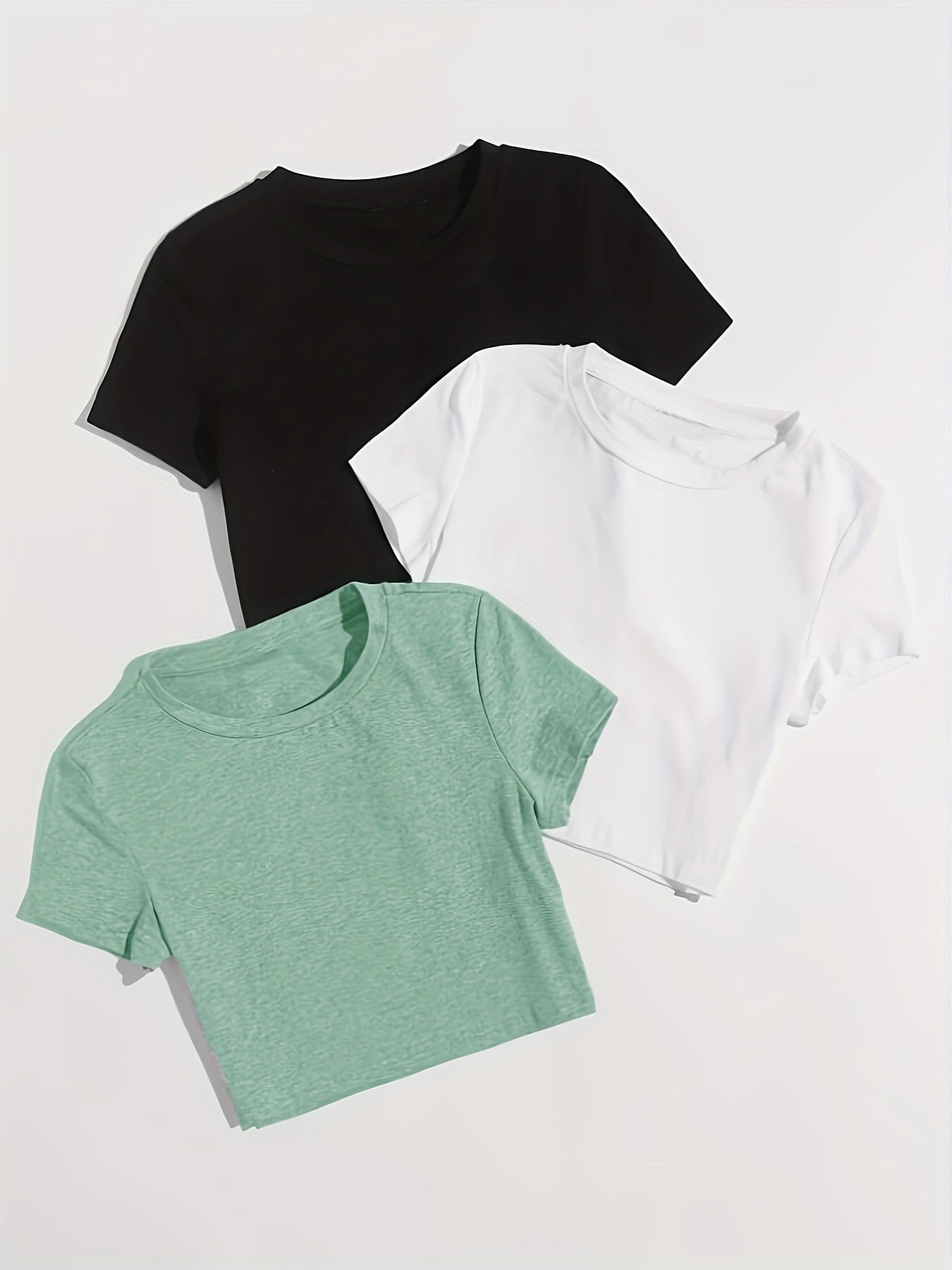 3 Pieces Crop T-shirts, Casual Crew Neck Short Sleeve T-Shirts For Spring & Summer, Women's Clothing