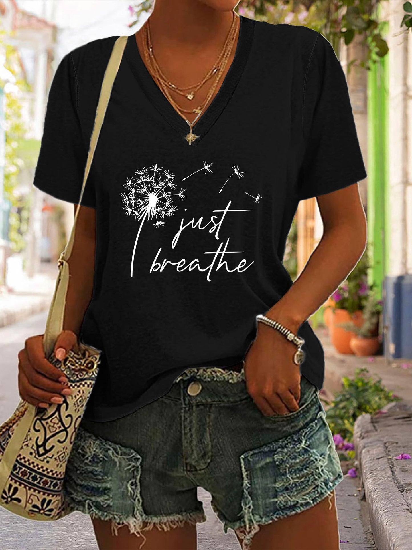 Dandelion Print T-Shirt, V Neck Short Sleeve Summer Casual Top, Women's Clothing