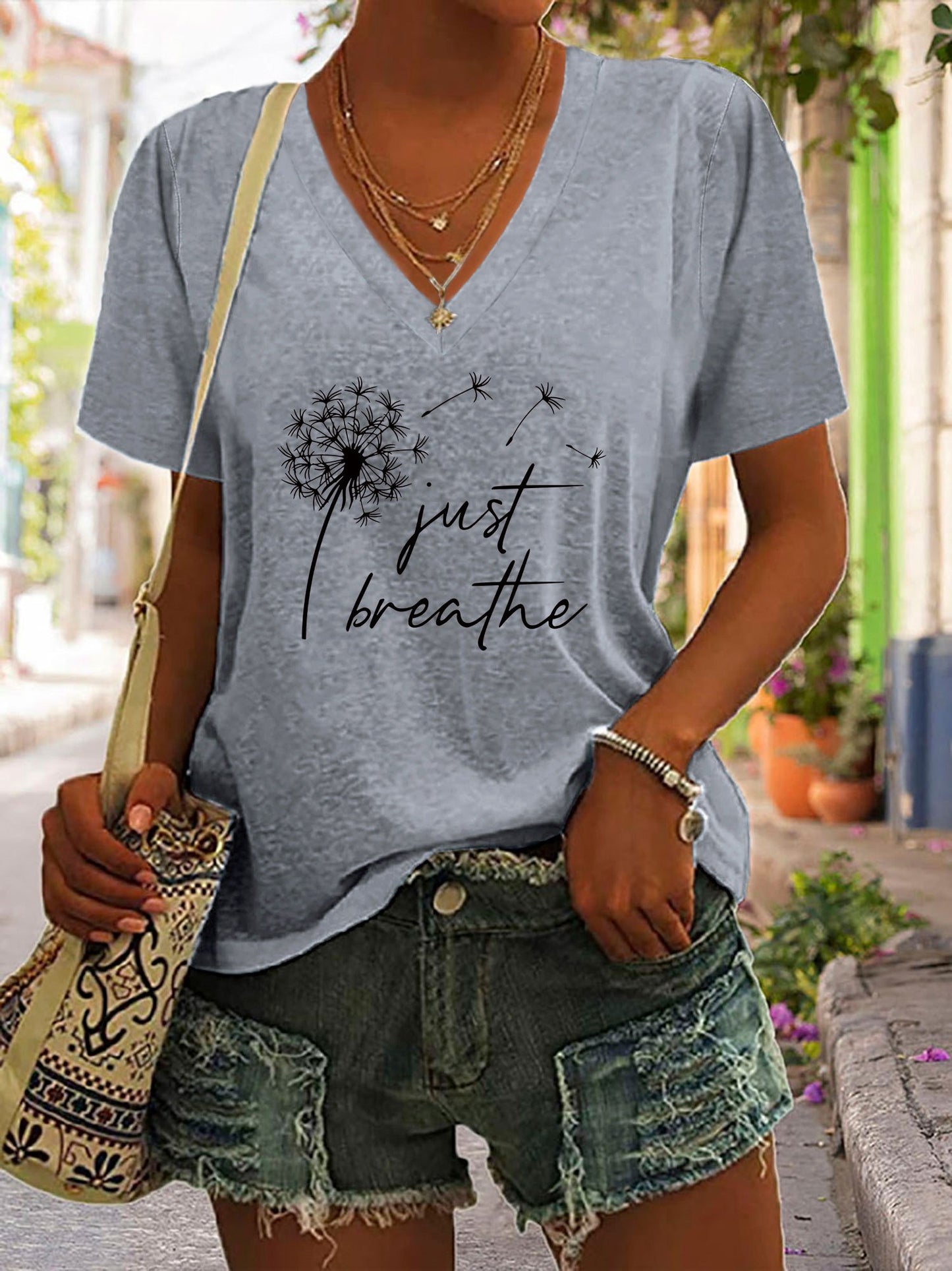 Dandelion Print T-Shirt, V Neck Short Sleeve Summer Casual Top, Women's Clothing
