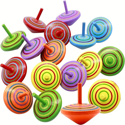 10pcs Safe Non-Toxic Wooden Spinning Tops - Multicolor (Red, Yellow, Green, Blue, Purple, Orange, Rainbow Stripes) - Smooth Surface spinning tops for Toddlers & Kids - Birthday Party Favors, Learning Colors - Educational Motor Skills Toys - Non-Toxic Kids