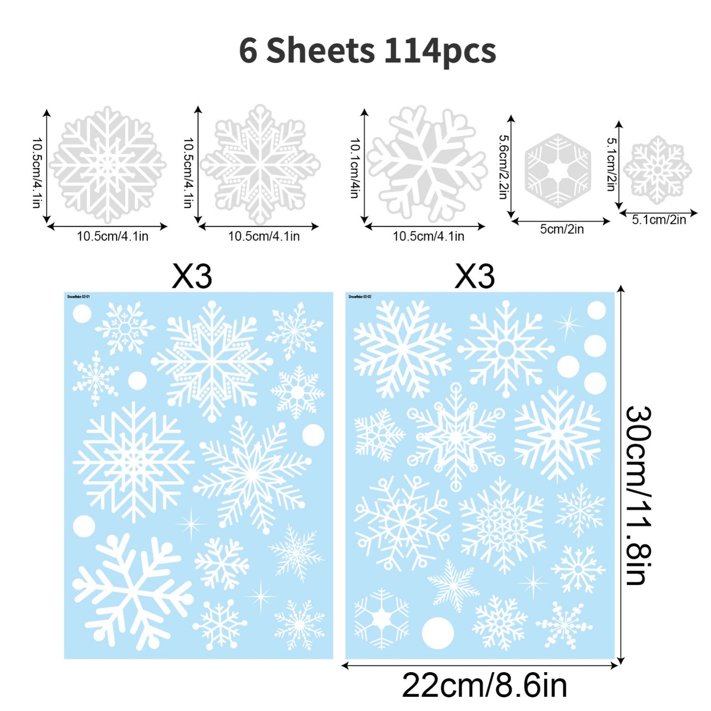 6 Sheets of 114pcs Snowflake Window Stickers Christmas Decorations Winter Cabinet Window Background Decoration White Snowflake Electrostatic Glass Stickers