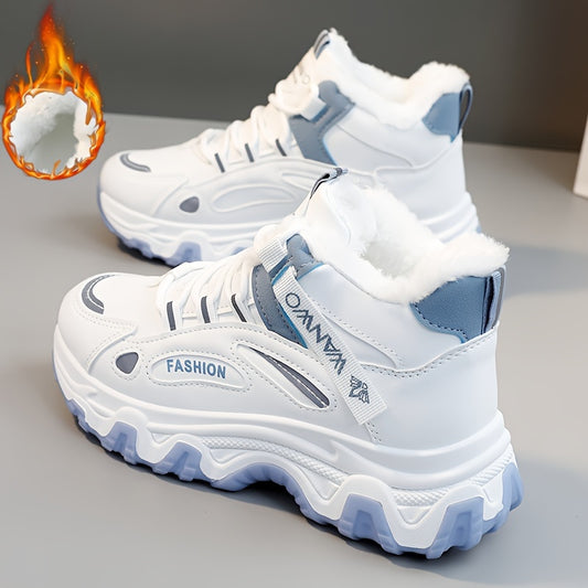 Women'S Winter Shoes - Lace-Up Mid-Top Sneakers with Non-Slip PVC Sole, White & Blue Accent Cold Weather Shoes for Everyday, Office, Formal Events - Synthetic Cover Upper & Cushioned Insole - All-Season (Winter) Footwear, Outdoor Walking, Stylish Dad Shoe
