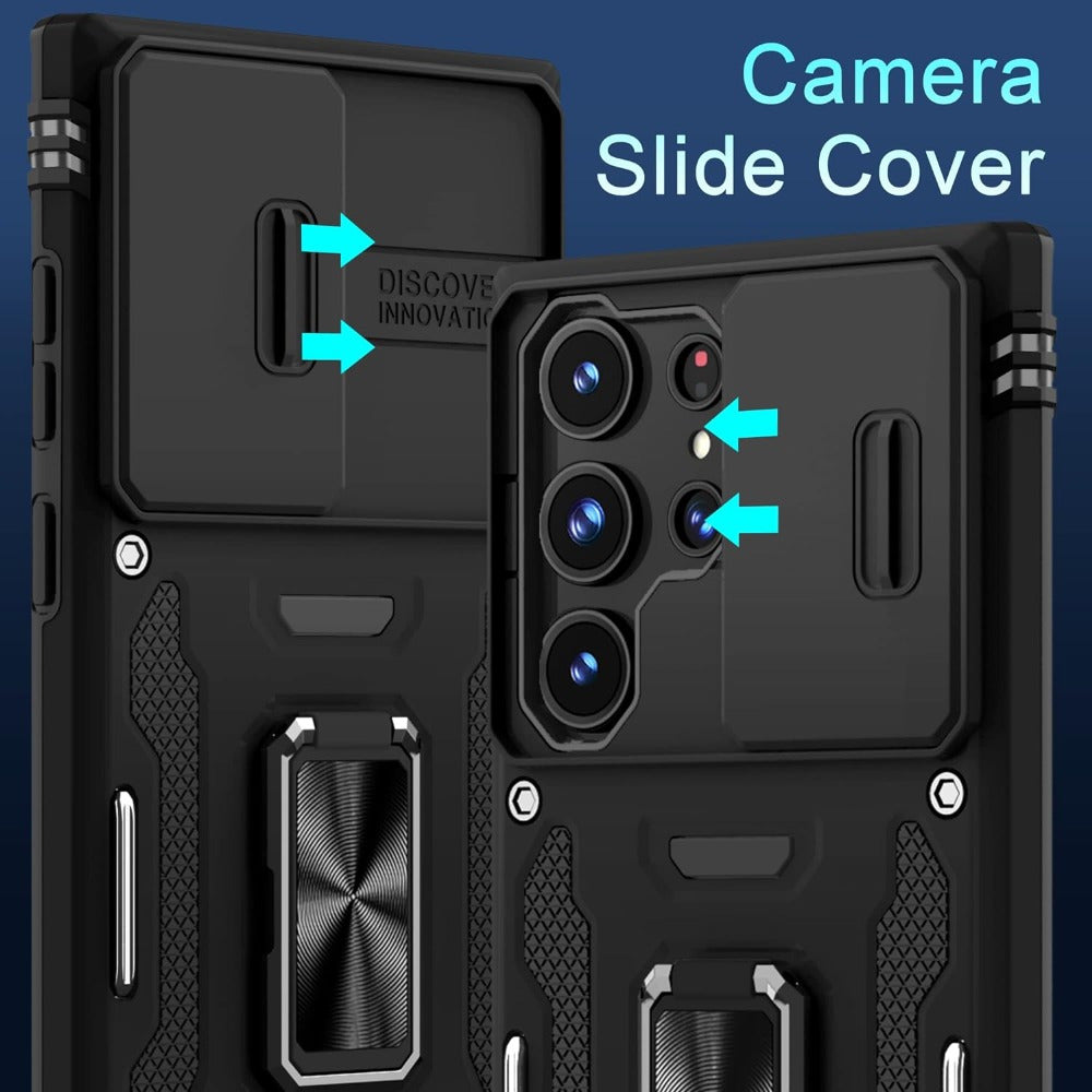 for Samsung S25 S24 S23 S22 S21 S20 Ultra A 42 A22 A 12 A32 A33 A51 A52 A72 A71 A73 A53 A14 A 13 A34 A54 A23 Case with Slide Camera Cover Built-in Rotated Ring Kickstand [Full Camera Protection] Protective Case