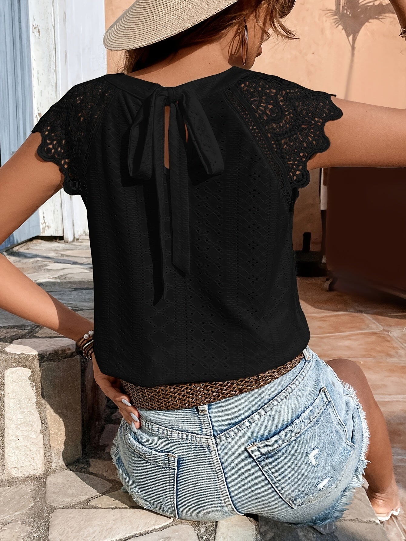 Eyelet Lace Splicing Tie Back T-Shirt, Casual Solid Color T-Shirt For Spring & Summer, Women's Clothing