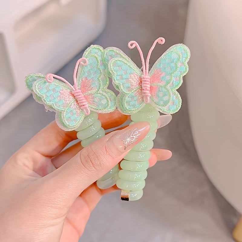 2pcs Boho Chic Butterfly Spiral Hair Ties - Colorful Elastic Ponytail Holders for Girls, Perfect for Parties & Holidays, Hair Accessories